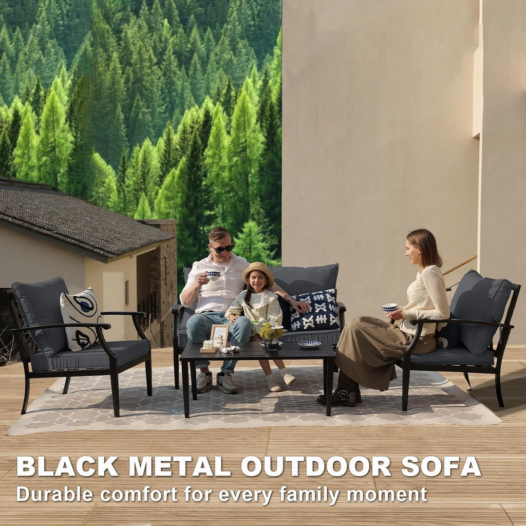 4-Piece Patio Furniture Set, Wider Outdoor Metal Seating Sofa with High Back & Lovsest, Coffee Table, All Weather Rattan Conversation for Backyard, Poolside, Deck-Grey