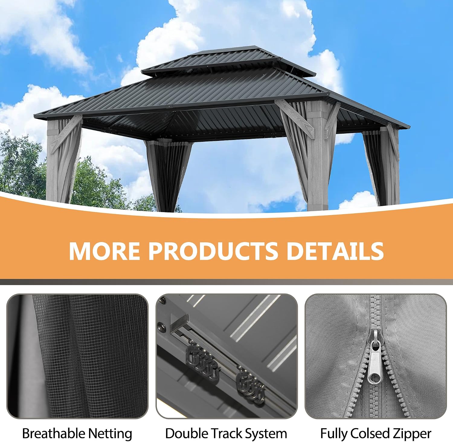10'x12' Hardtop Wood Gazebo, Outdoor Double Roof Galvanized Steel Top Gazebo with Wooden Post, Curtains & Netting for Backyard, Patio, Deck (10x12 FT)