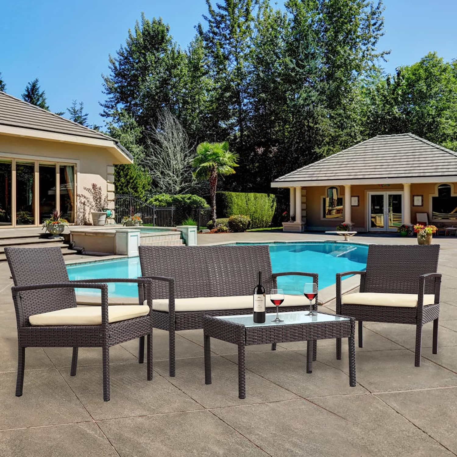 4 Piece Outdoor Patio Furniture Set, Rattan Patio Conversation Set with Table,Modern Wicker Chairs and Table Sets,Outdoor Furniture for Porch, Garden, Lawn,Beige