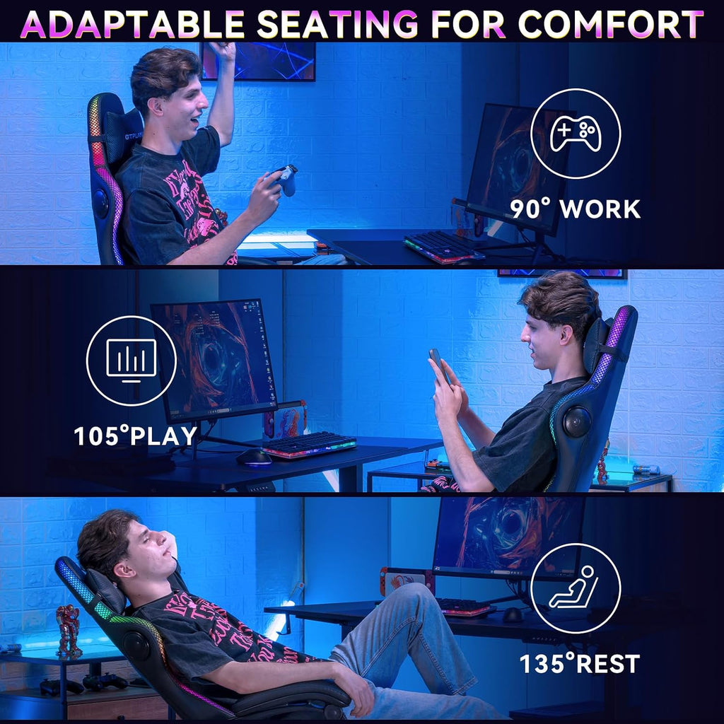 GTPLAYER RGB Gaming Chair with Speakers, Computer Gamer Chair with Footrest and LED Lights, PC Gaming Chairs for Adults, High Back Reclining Office Chairs, Linkage Armrest (Black)