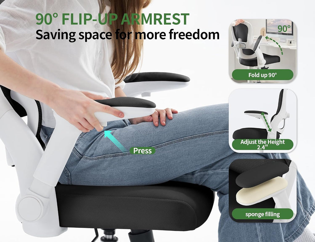 Office Chair - Ergonomic Desk Chair with Adjustable Headrest Lumbar Support Computer Chair - Mesh Comfy Chairs with Flip-up Armrests - Big and Tall Gaming Chairs for Adults Home Office(White Black)