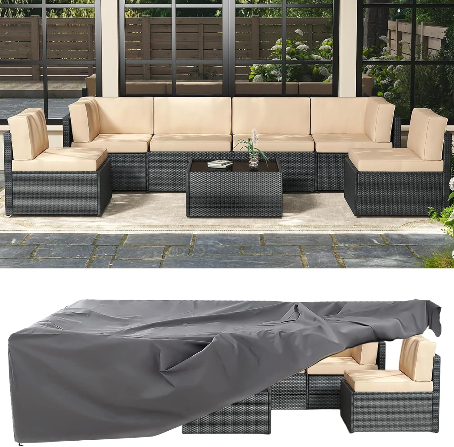 AECOJOY 7 Piece Outdoor Patio Furniture Set, Outdoor Sectional Conversation Furniture Chair with Coffee Table,Patio Sectional for Garden,Backyard(Khaki Cushions and Black PE Rattan, with Cover)