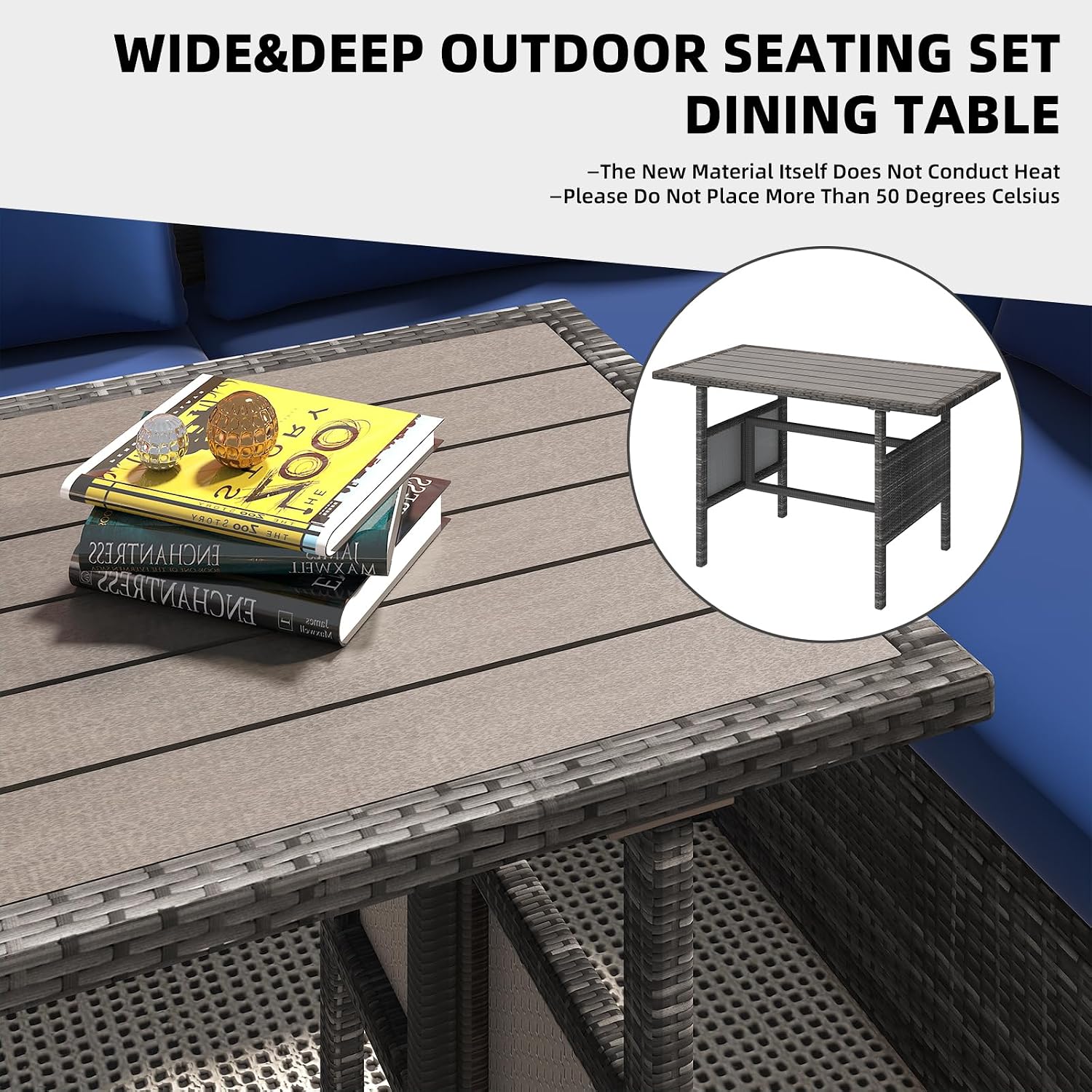AECOJOY Outdoor Patio Furniture Set with Waterproof Cover, 7 Pieces Clearance Sectional Rattan Dining Table&Chairs, All Weather Wicker Conversation Sofa Couch, Dark Blue Cushions&Grey Rattan