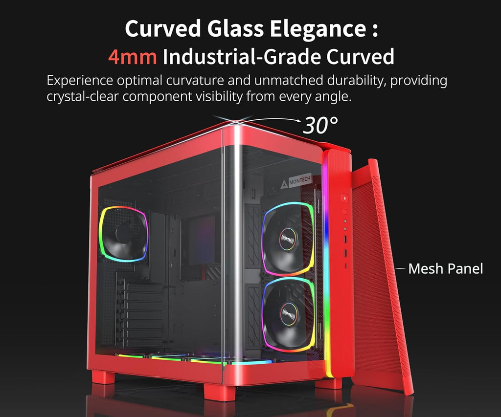 Montech, King 95 Dual-Chamber ATX Mid-Tower PC Gaming Case, High-Airflow, Toolless Panels, Sturdy Curved Tempered Glass Front and Side Panel, ARGB Lighting, Red