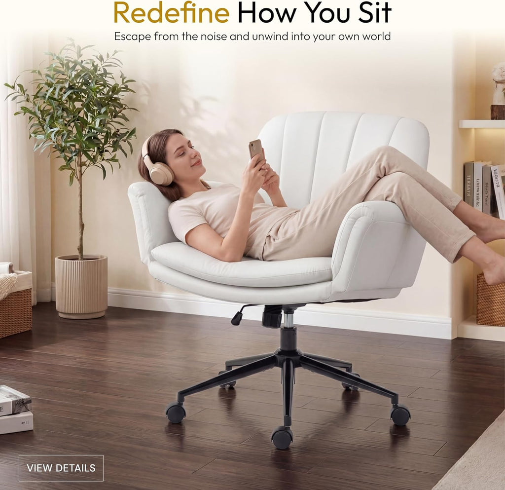 Dowinx Criss Cross Chair with Five-Level Adjustable Arms and Wheels - Comfortable Ergonomic PU Leather Swivel Vanity Chair - Computer Makeup Gaming Chair for Home Office, Bedroom, Vanity Room (Beide)
