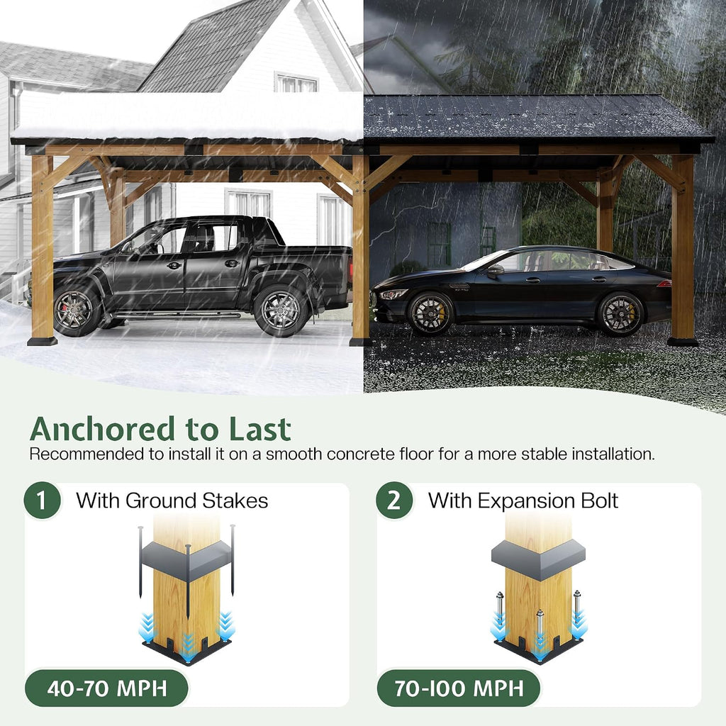 Jocisland 12x24x9.5 FT Cedar Wood Hardtop Carport with Galvanized Steel Roof, Waterproof Outdoor Gazebo Pavilion, Heavy-Duty Snow & Wind Resistant Canopy for Patio, Driveway, Garden