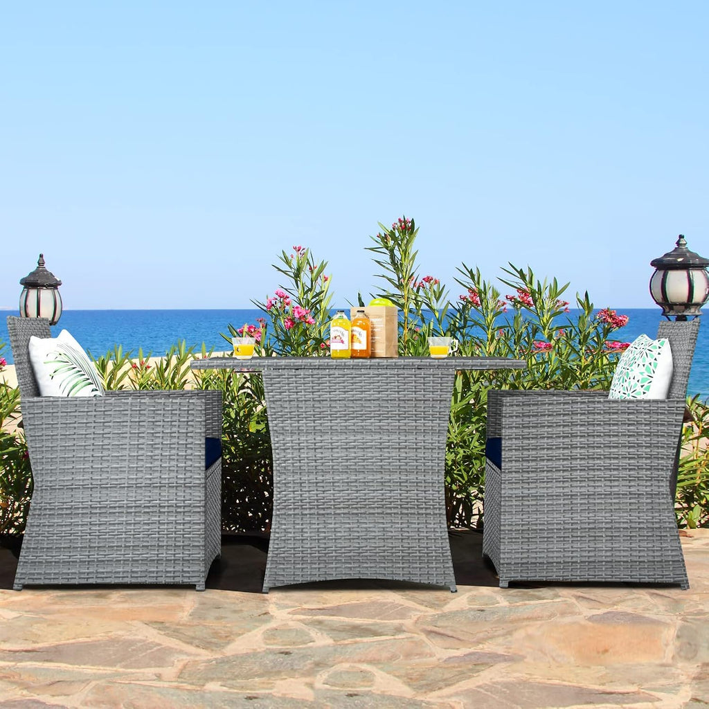 Tangkula 3 Pieces Patio Dining Set, Patiojoy Space-Saving PE Rattan Bistro Set with Tempered Glass Top Table and Cushioned Chairs, Outdoor Conversation Set for Garden, Backyard, Poolside, Porch