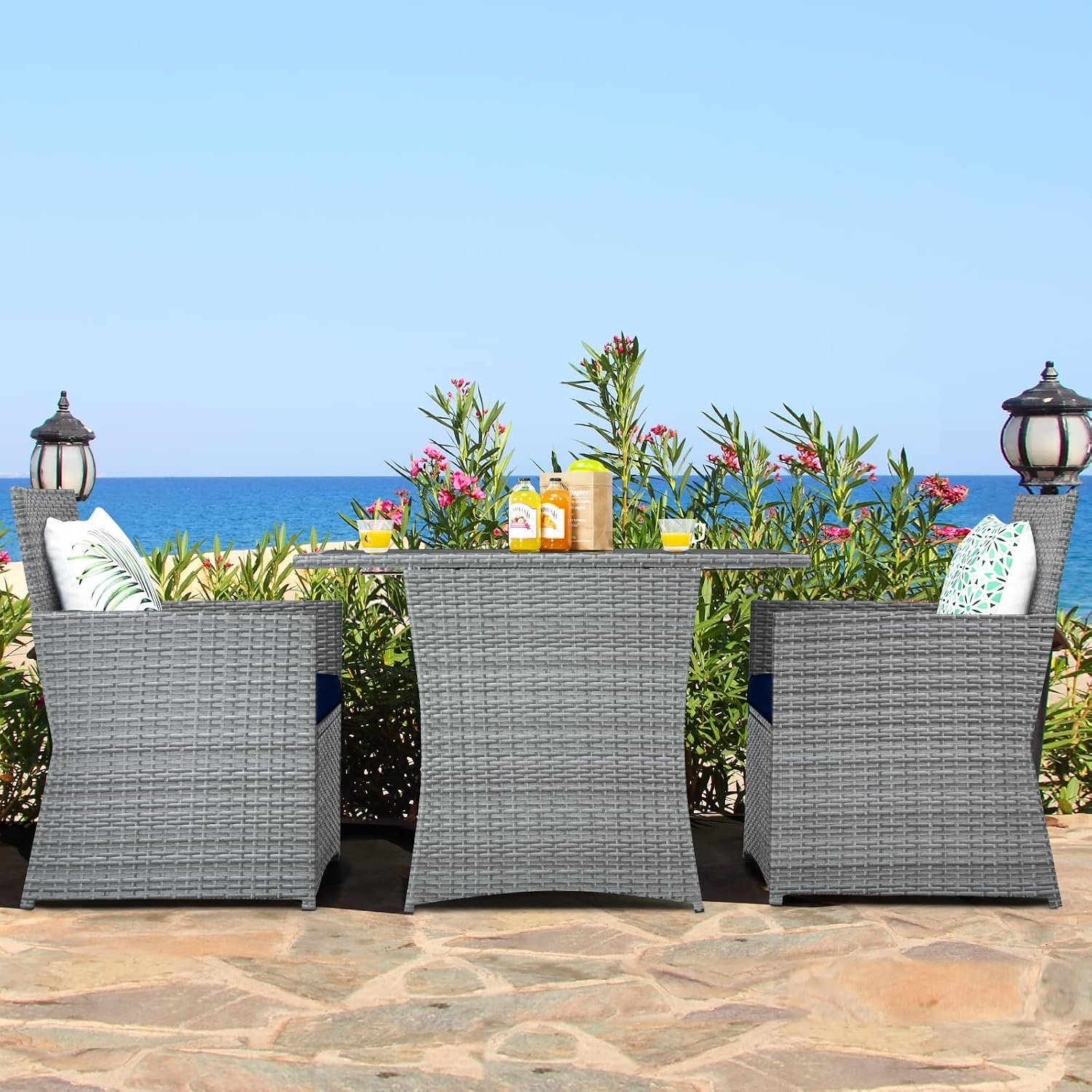 Tangkula 3 Pieces Patio Dining Set, Patiojoy Space-Saving PE Rattan Bistro Set with Tempered Glass Top Table and Cushioned Chairs, Outdoor Conversation Set for Garden, Backyard, Poolside, Porch
