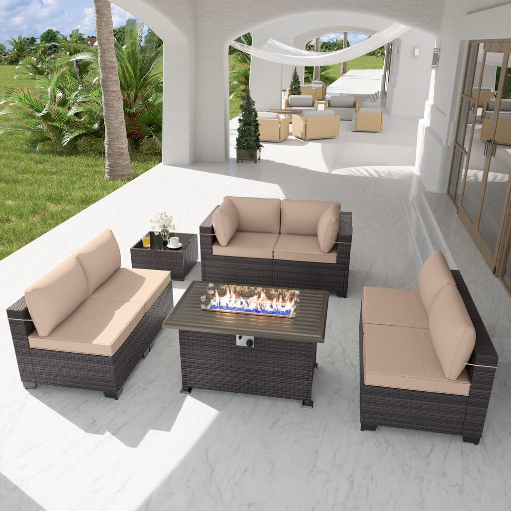 Kurapika 8 Pieces Patio Furniture Set, Rattan Wicker Outdoor Conversation Sets w/43in Propane Fire Pit Table and 4 Inch Cushion(Sand)