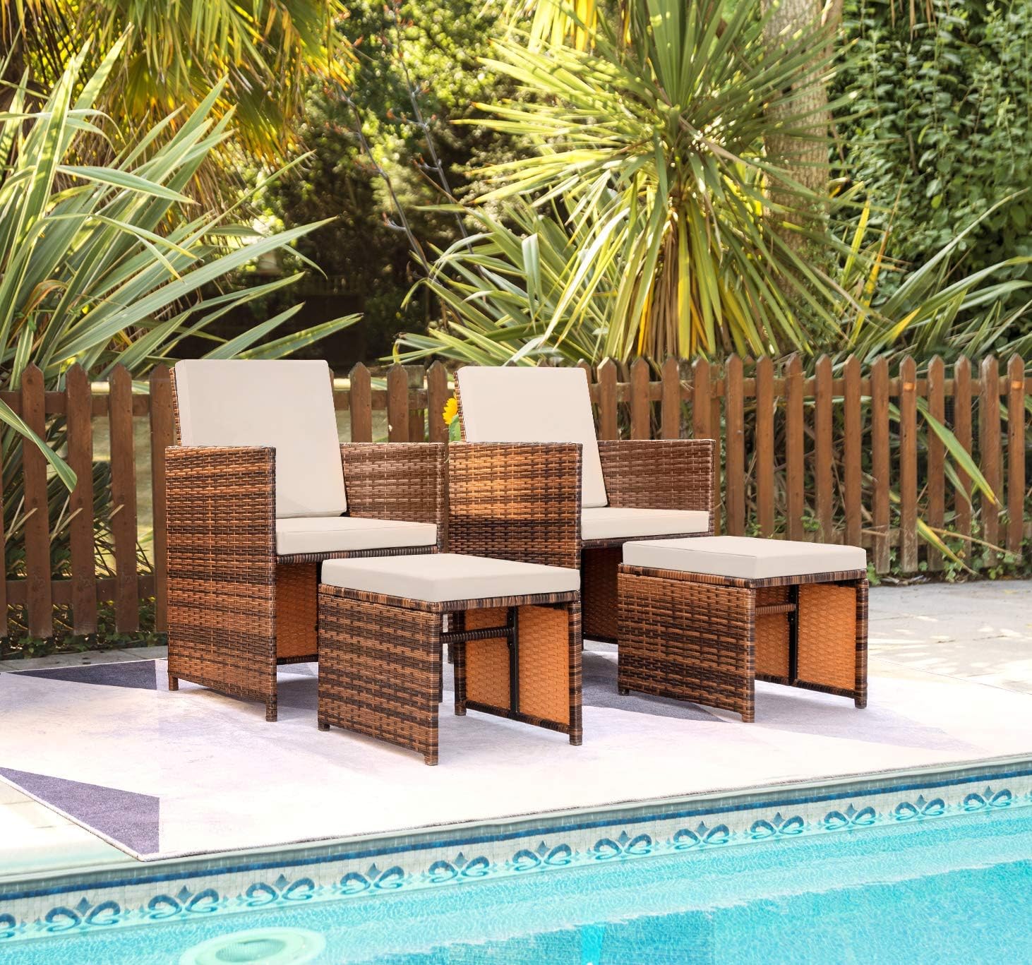 Devoko 4 Pieces Patio Wicker Furniture Set Outdoor Patio Chairs with Ottomans All Weather Cushioned Chairs Balcony Porch Furniture (Beige)