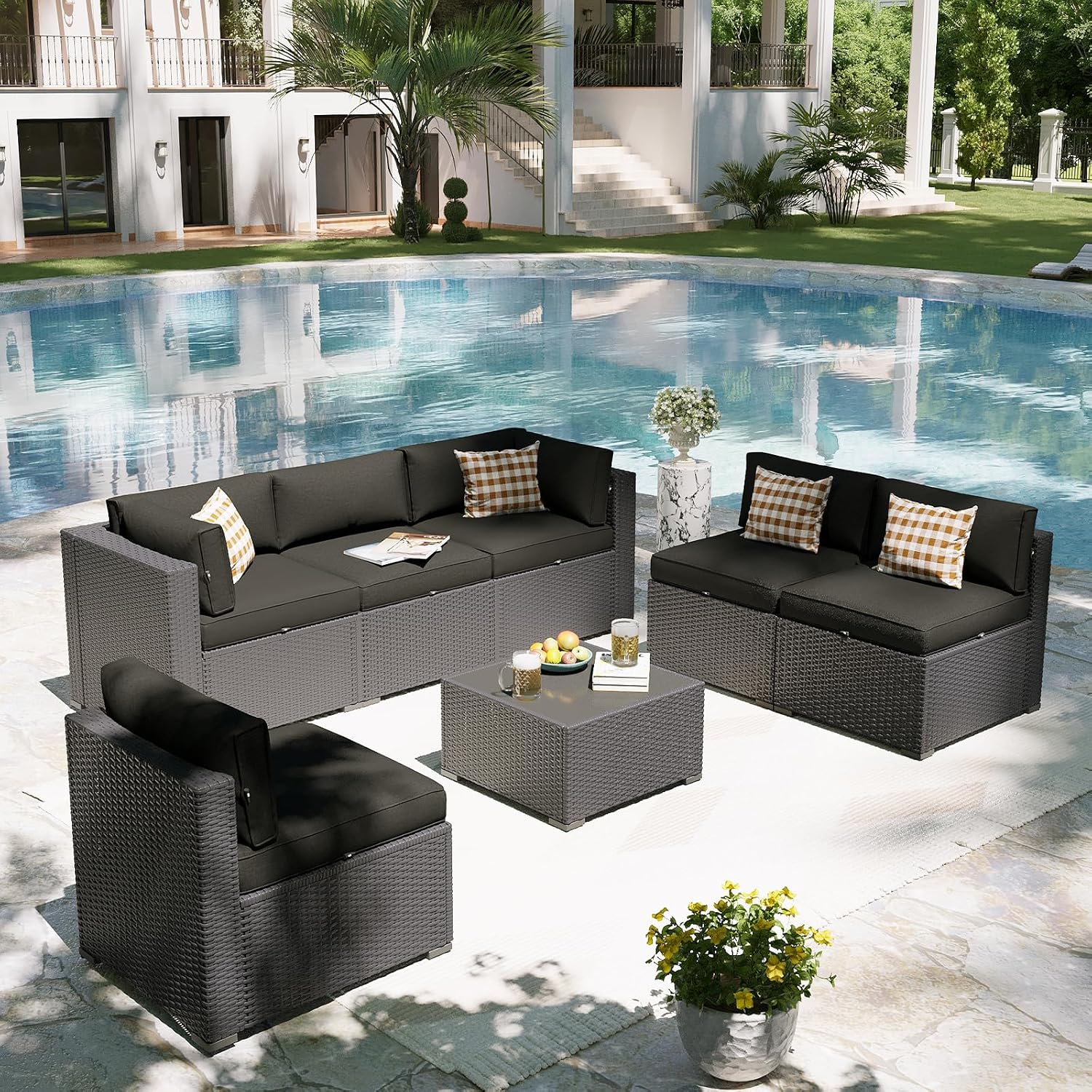 Aoxun Patio Furniture Set, 7 Piece Outdoor Sectional Sofas with Waterproof Cover, Wicker Rattan Outdoor Furniture Patio Conversation Set for Backyard, Garden Black