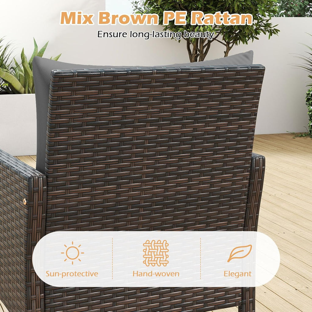Tangkula 3 Pieces Patio PE Wicker Furniture Set, Outdoor Bistro Conversation Set with Cushions and Tempered Glass Coffee Table, Outside Rattan Table and Chairs for Porch (Gray)