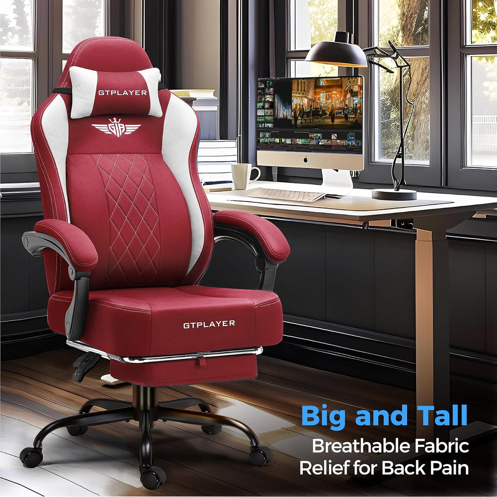GTPLAYER Big and Tall Gaming Chair Breathable Fabric Computer Chair with Strong Lumbar Support, Comfortable Office Chairs with Pocket Spring Cushion, High Back Ergonomic Desk Chairs with Footrest