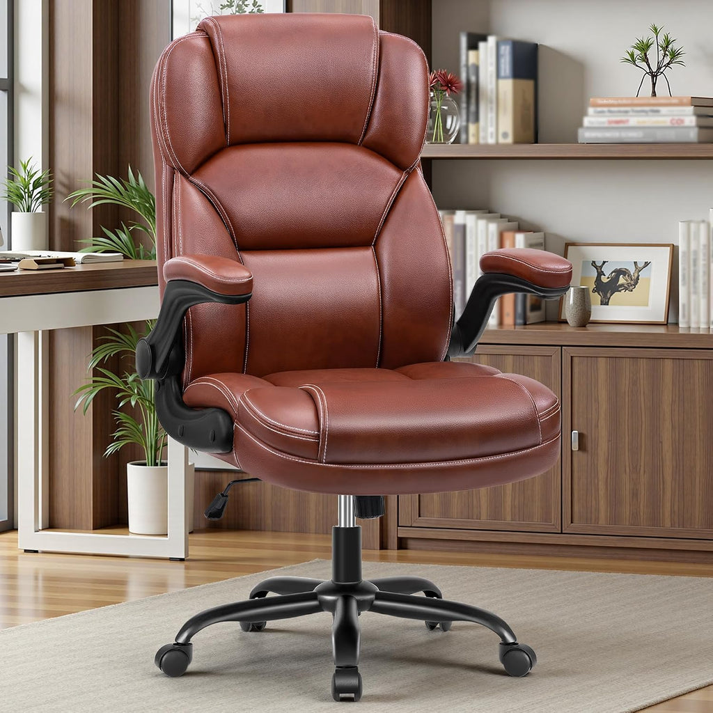 PU Leather Executive Office Chair, Ergonomic High-Back Computer & Gaming Chair with Adjustable Height, Rolling Swivel & Flip-Up Armrests, Comfy Padded Seat for Home Office-Brown
