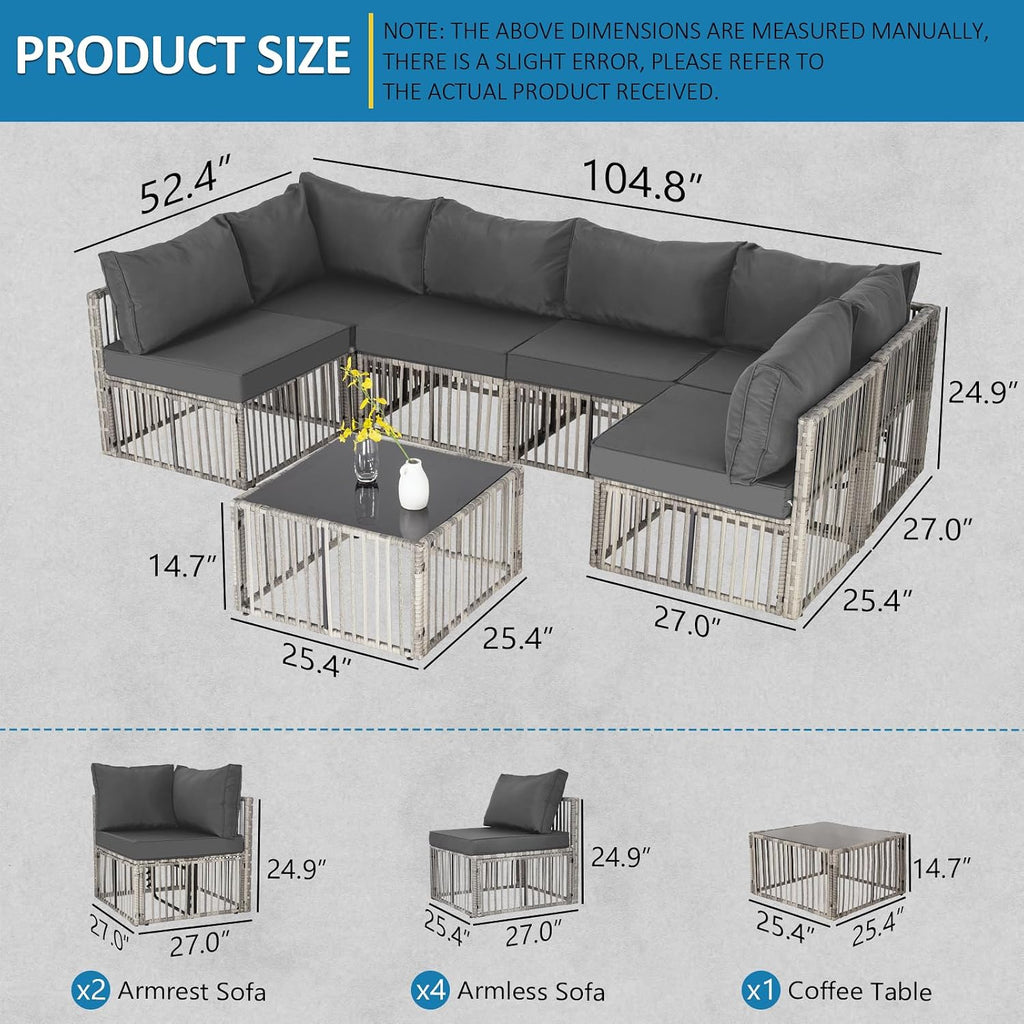 FHFO 7 Pieces Outdoor Patio Furniture Set, Wicker Outdoor Sectional Conversation Couch Set with Adjustable Backrest Sofa, Thick Cushion & Coffee Table for Garden, Porch, Poolside, Grey/Grey
