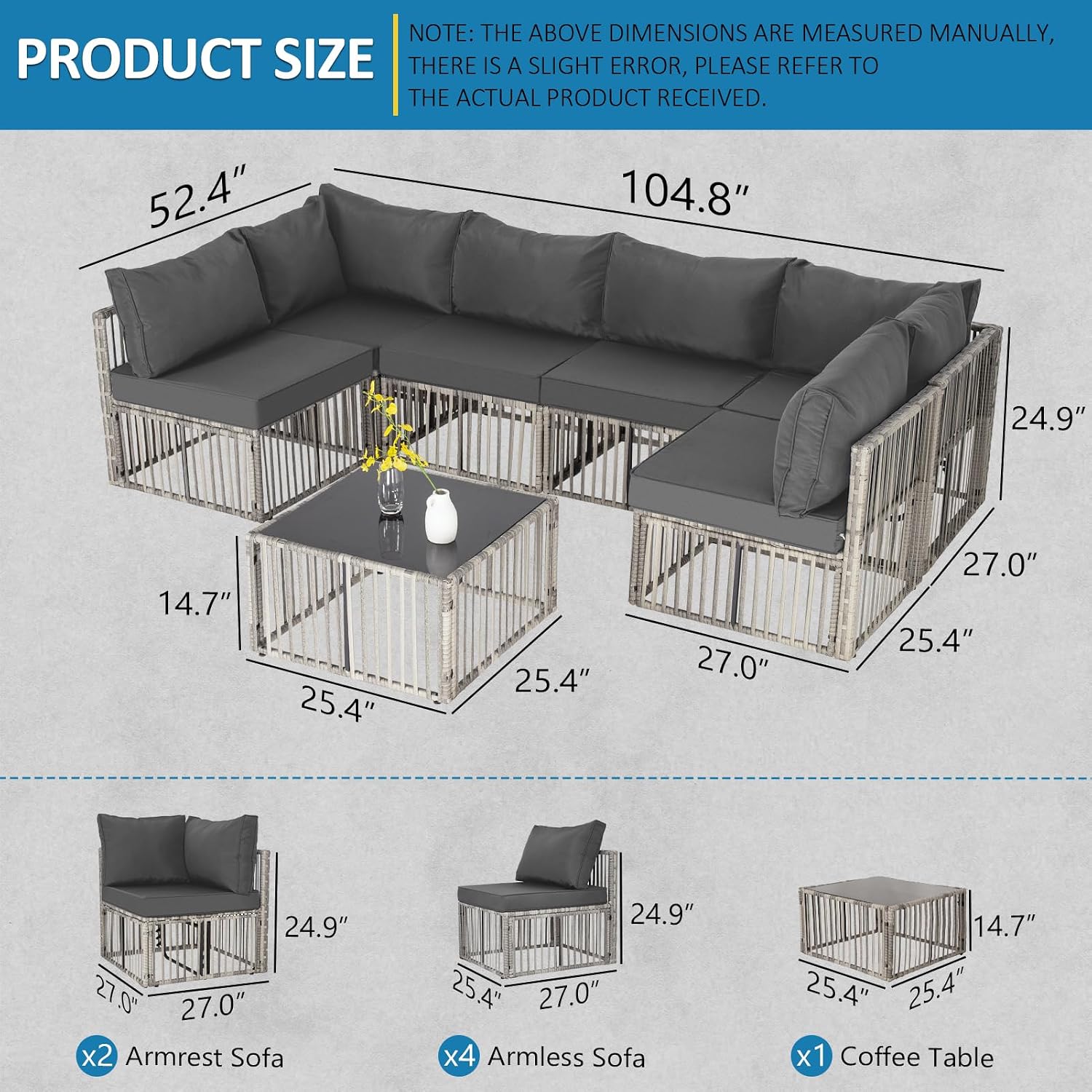 FHFO 7 Pieces Outdoor Patio Furniture Set, Wicker Outdoor Sectional Conversation Couch Set with Adjustable Backrest Sofa, Thick Cushion & Coffee Table for Garden, Porch, Poolside, Grey/Grey