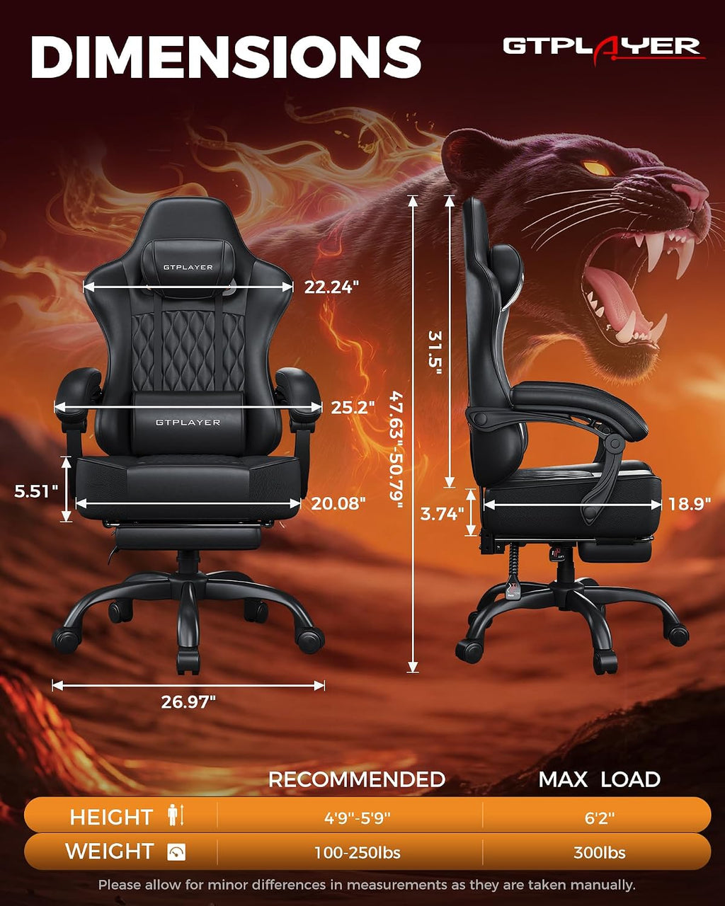 GTPLAYER Big and Tall Gaming Chair with Footrest, Computer Office Chair with Pocket Spring Cushion, Linkage Armrests, Comfortable Leather Computer Chair