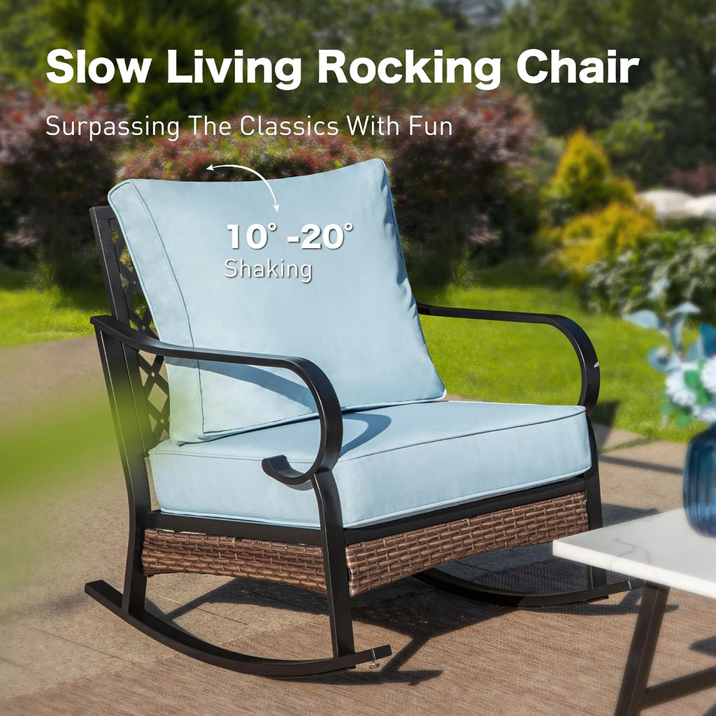 SUNSHINE VALLEY 6 Piece Metal Outdoor Patio Furniture Set, 1 3-Seater & 2 Fixed Sofa, 2 Rocking Sofa with 5.75' Thick Cushion & Coffee Table - Black & Blue