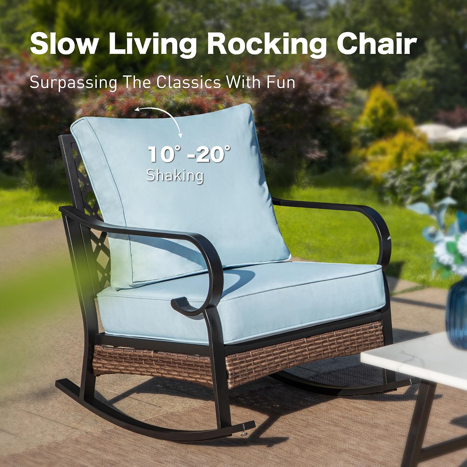 SUNSHINE VALLEY 6 Piece Metal Outdoor Patio Furniture Set, 1 3-Seater & 2 Fixed Sofa, 2 Rocking Sofa with 5.75' Thick Cushion & Coffee Table - Black & Blue