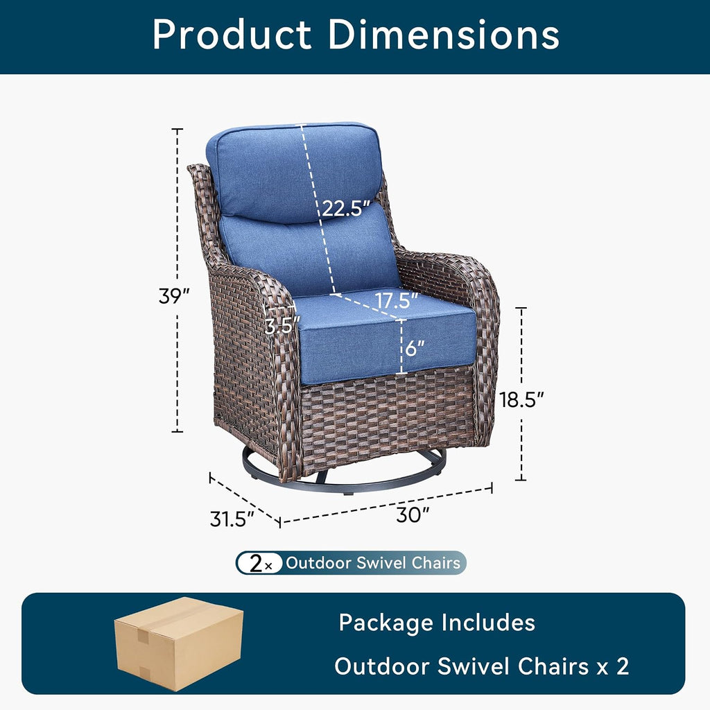 Luxury High Back Outdoor Swivel Rocker Patio Chairs with Side Table & 6-Inch Thick Cushions, 2 Pieces Patio Furniture Set for Porch, Balcony, Deck and Yard