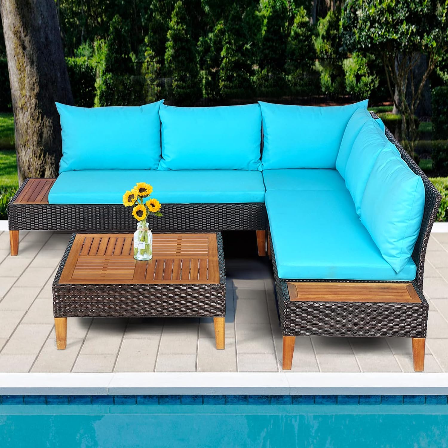 Tangkula 4 Pieces Acacia Wood Patio Furniture Set, Patiojoy L Shaped Wicker Corner Sectional Sofa Set with Thick Cushions, Coffee Table, for Backyard, Garden, Poolside and Deck (Turquoise)