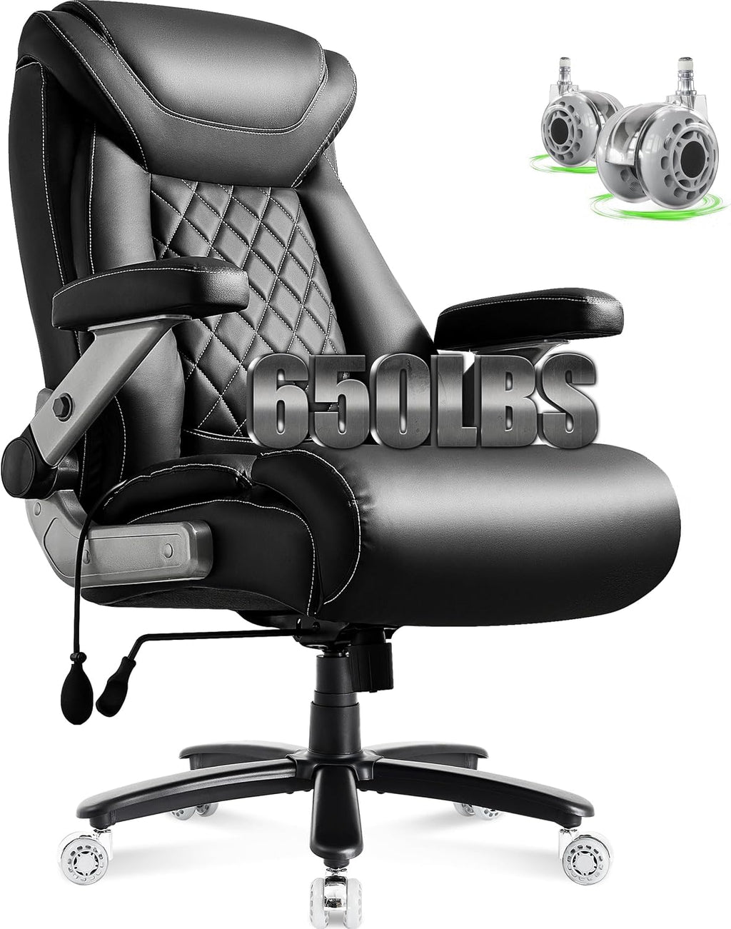 Large Big and Tall Office Chair 650lbs with Thick Spring Cushion, 5D Flip Arm Ergonomic Executive Office Chair Adjustable Lumbar Airbag&Extra Wide, Comfy Padded Heavy Duty Game Chair Dual Rubber Wheel