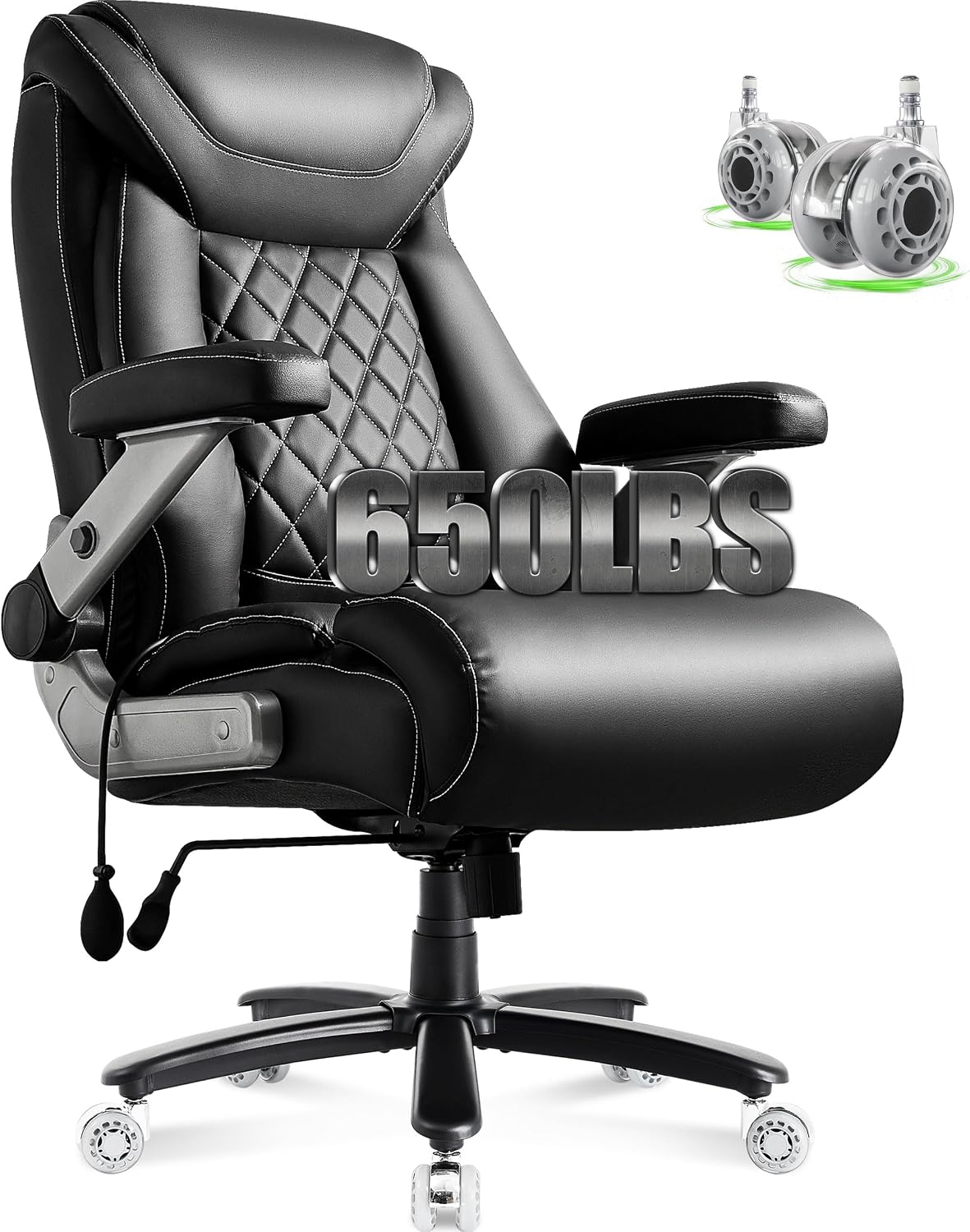 Large Big and Tall Office Chair 650lbs with Thick Spring Cushion, 5D Flip Arm Ergonomic Executive Office Chair Adjustable Lumbar Airbag&Extra Wide, Comfy Padded Heavy Duty Game Chair Dual Rubber Wheel