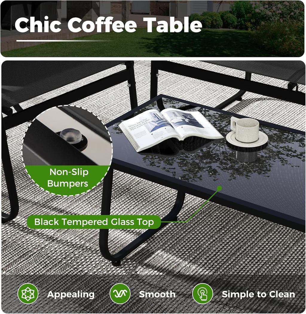 Tangkula 8 Piece Patio Furniture Set, Outdoor Metal Conversation Chair & Coffee Table Set with Mesh Seat Fabric & Tempered Glass Tabletop, Outside Bistro Set for Backyard, Porch, Poolside (Black)