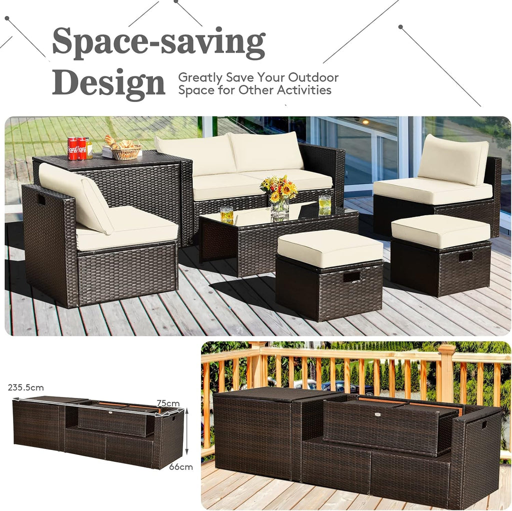 Tangkula 8 Piece Patio Furniture Set, Patiojoy Outdoor Space Saving PE Rattan Sectional Sofa Set for 6 with Waterproof Cover, for Garden, Deck, Poolside and Balcony (Off White)
