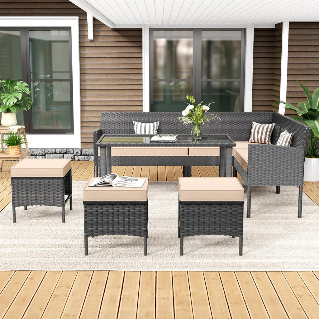 7-Piece Outdoor Patio Furniture Set, All-Weather Wicker Sectional Sofa with Cushions and 3 Pillows, Long Tempered Glass Coffee Table, Rattan Conversation Set for Garden, Porch, Lawn, Khaki
