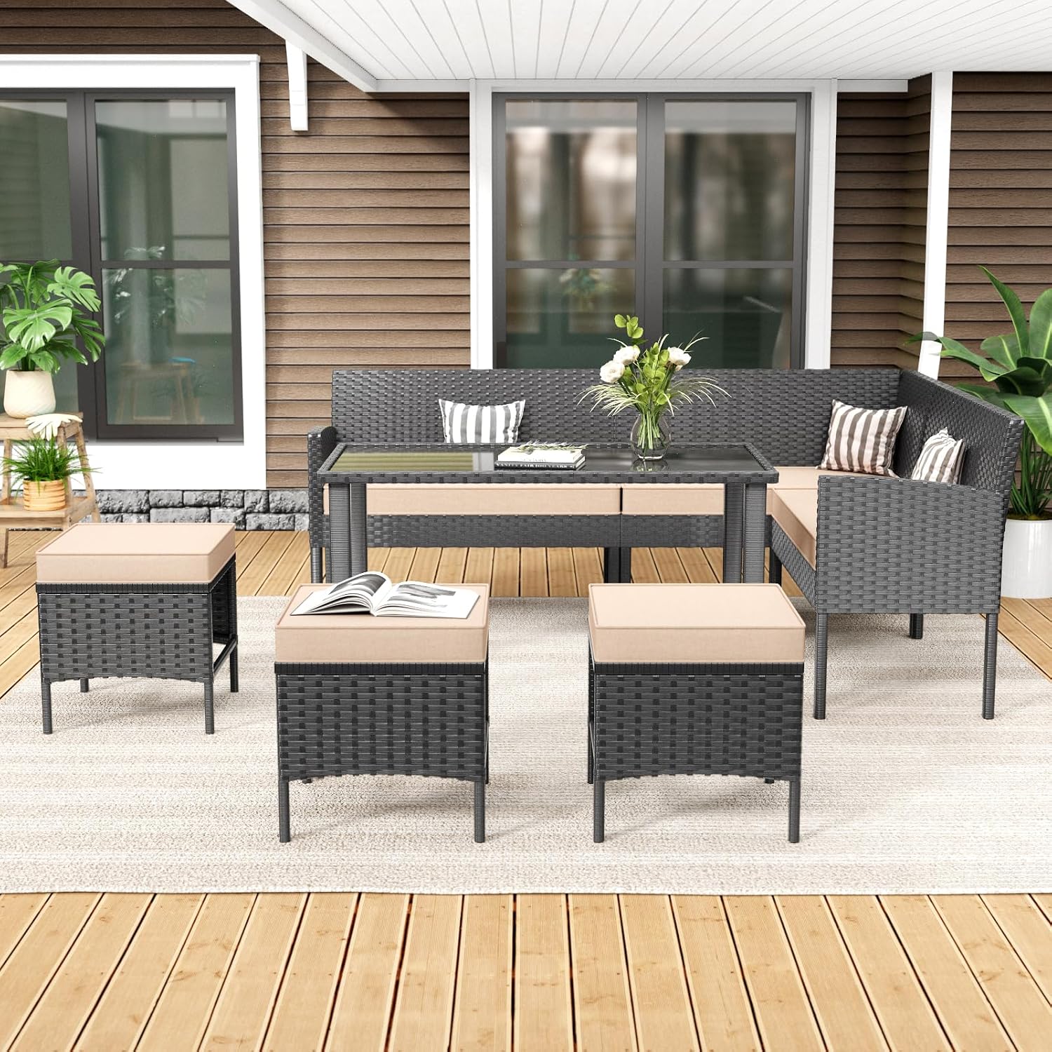 7-Piece Outdoor Patio Furniture Set, All-Weather Wicker Sectional Sofa with Cushions and 3 Pillows, Long Tempered Glass Coffee Table, Rattan Conversation Set for Garden, Porch, Lawn, Khaki