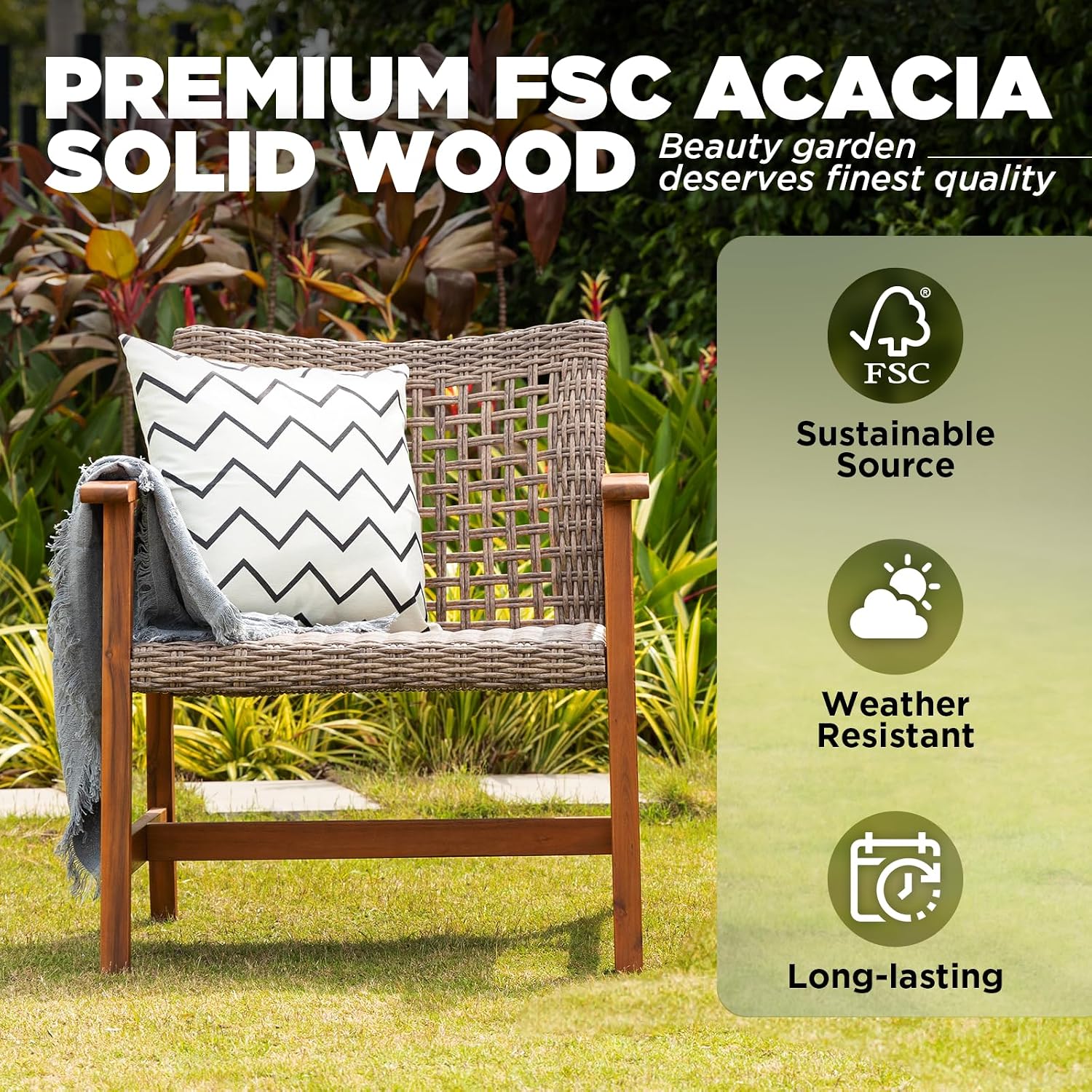 Idzo Liberte Accent Chairs Set of 2, 500lbs Weight Support, Acacia Wood, FSC Teak Finish, UV Protected, Dynamic Gray Wicker, Ideal for patios and Gardens