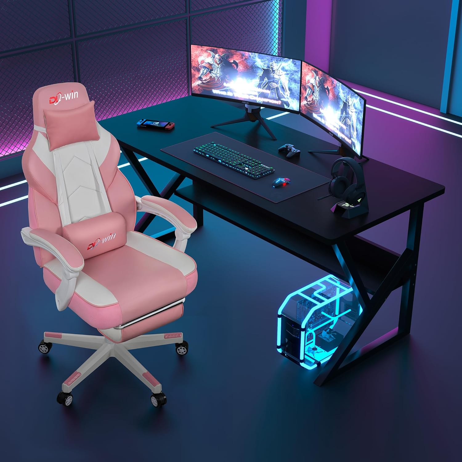 Gaming Chair with Footrest & Lumbar Support, Ergonomic Racing Style Computer Chair, 360° Swivel Height Adjustable Video Game Chair, Massage Office Chair Gaming Equipment, Pink