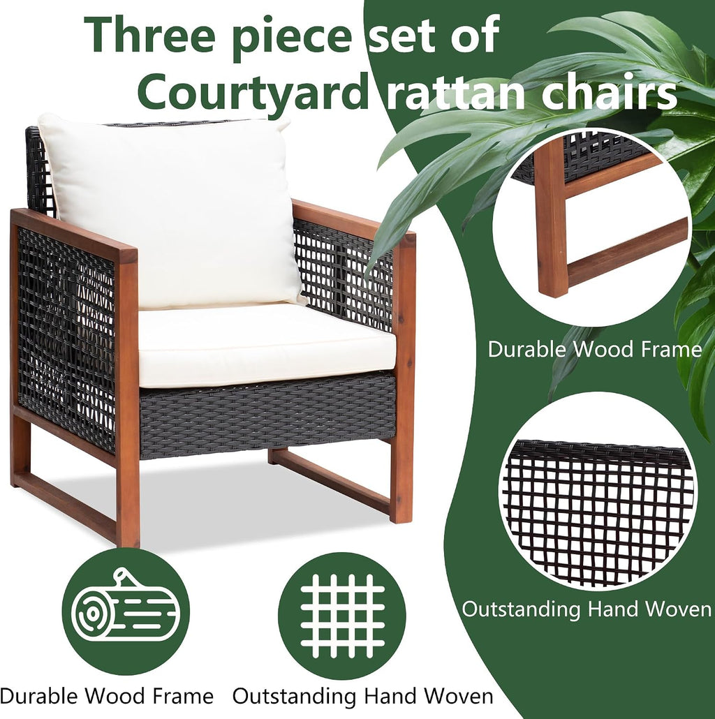 PayLessHere 3-Piece Outdoor Patio Furniture Set Modern Rattan Bistro Conversation Set with Acacia Wood Frame, Coffee Table, and Water-Resistant Cushions for Balcony, Garden, or Backyard (Khaki)