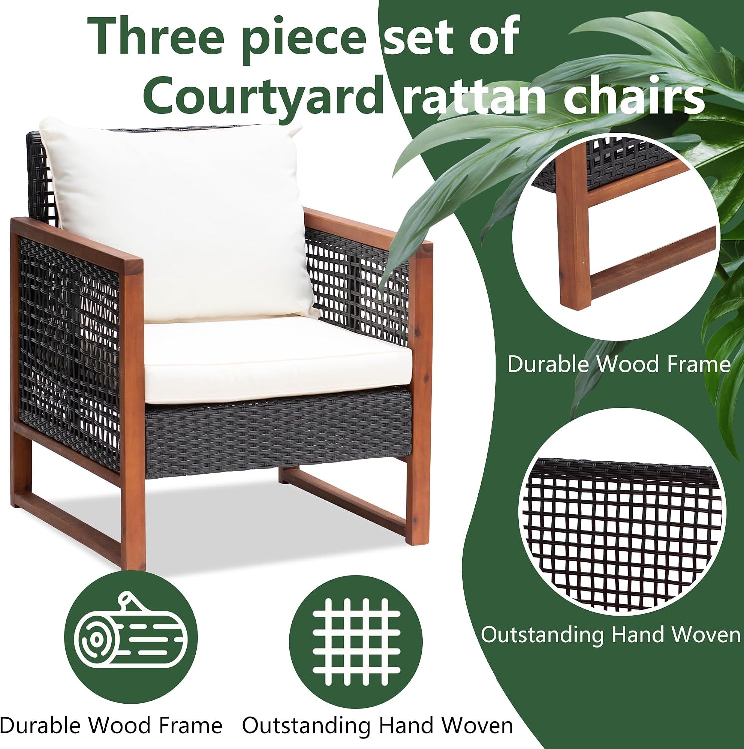 PayLessHere 3-Piece Outdoor Patio Furniture Set Modern Rattan Bistro Conversation Set with Acacia Wood Frame, Coffee Table, and Water-Resistant Cushions for Balcony, Garden, or Backyard (Khaki)