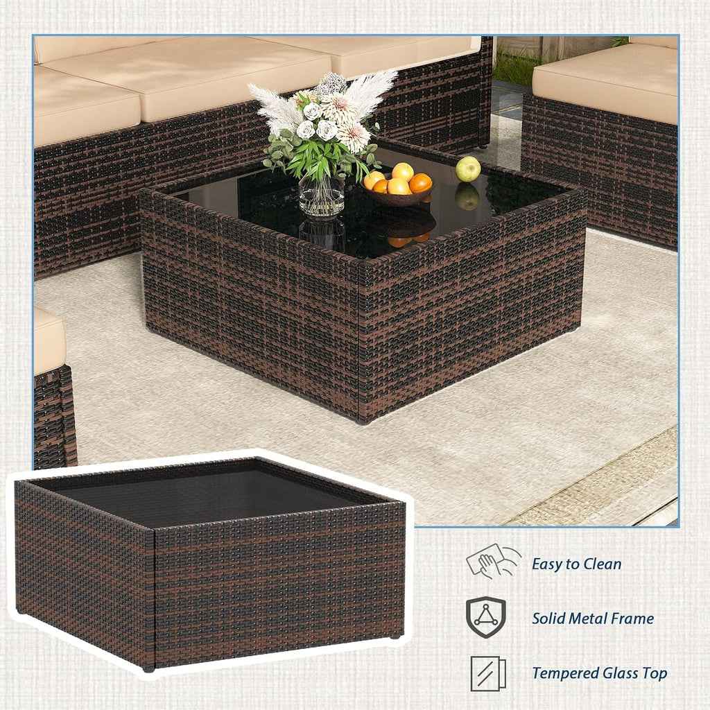 AECOJOY 7 Piece Outdoor Patio Furniture Set, Outdoor Sectional Conversation Furniture Chair with Coffee Table,Patio Sectional for Garden,Backyard(Khaki Cushions and Brown PE Rattan)