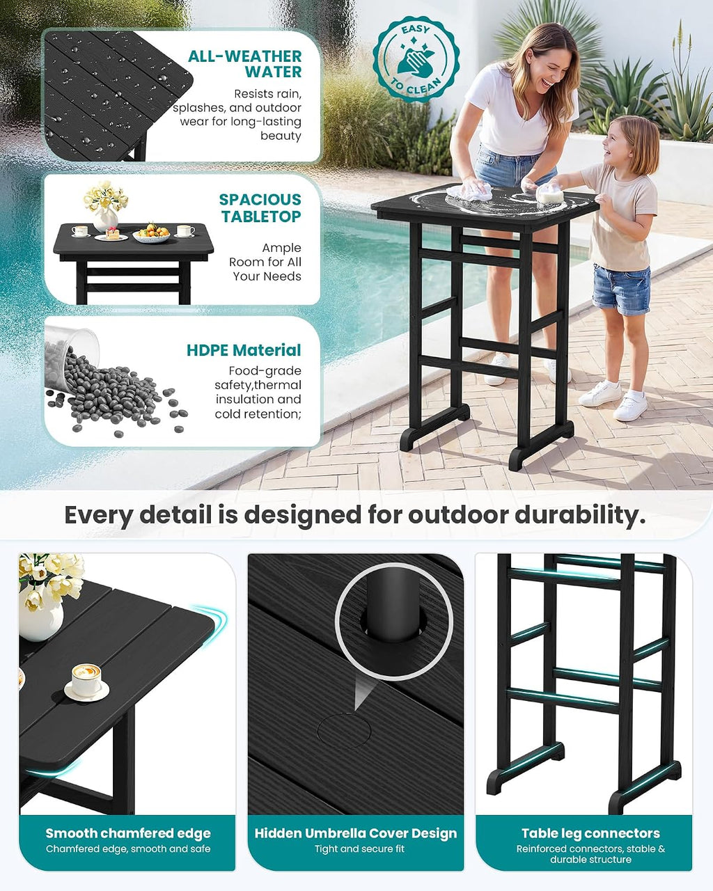 SERWALL 5-Piece Adirondack Bar Chairs Set, HDPE Adirondack Barstools with Pub Table, Outdoor Patio Bar Furniture for Bistro, Balcony, Poolside, Garden - Black
