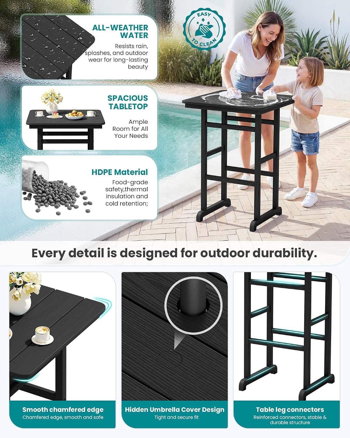 SERWALL 5-Piece Adirondack Bar Chairs Set, HDPE Adirondack Barstools with Pub Table, Outdoor Patio Bar Furniture for Bistro, Balcony, Poolside, Garden - Black