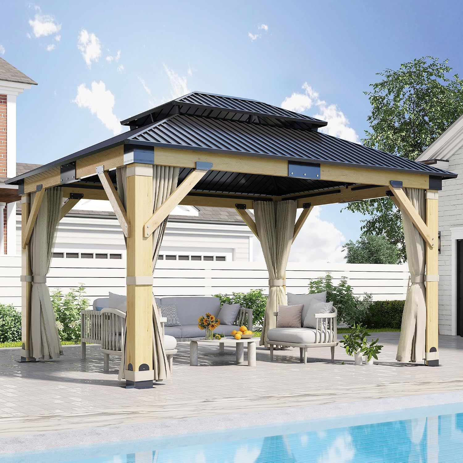 GARTOO 11'x13' Outdoor Patio Wooden Gazebo - Patio Galvanized Steel Hardtop Pavilion with Double Curtains, Vented Wood Gazebo for Garden, Porch, Lawn, Poolside, Backyard