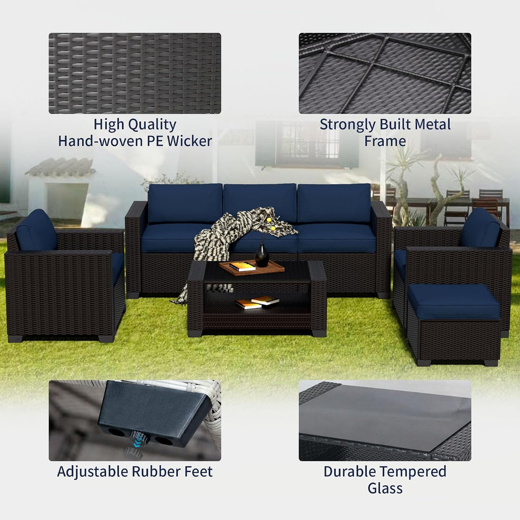 YLGJ&TIDY 7 PCS Outdoor Wicker Furniture Set Sectional Rattan Sofa Couch with Thick Cushions Glass Top Coffee Table Patio Conversation Set for Garden Backyard (Dark Brown Rattan & Dark Blue)