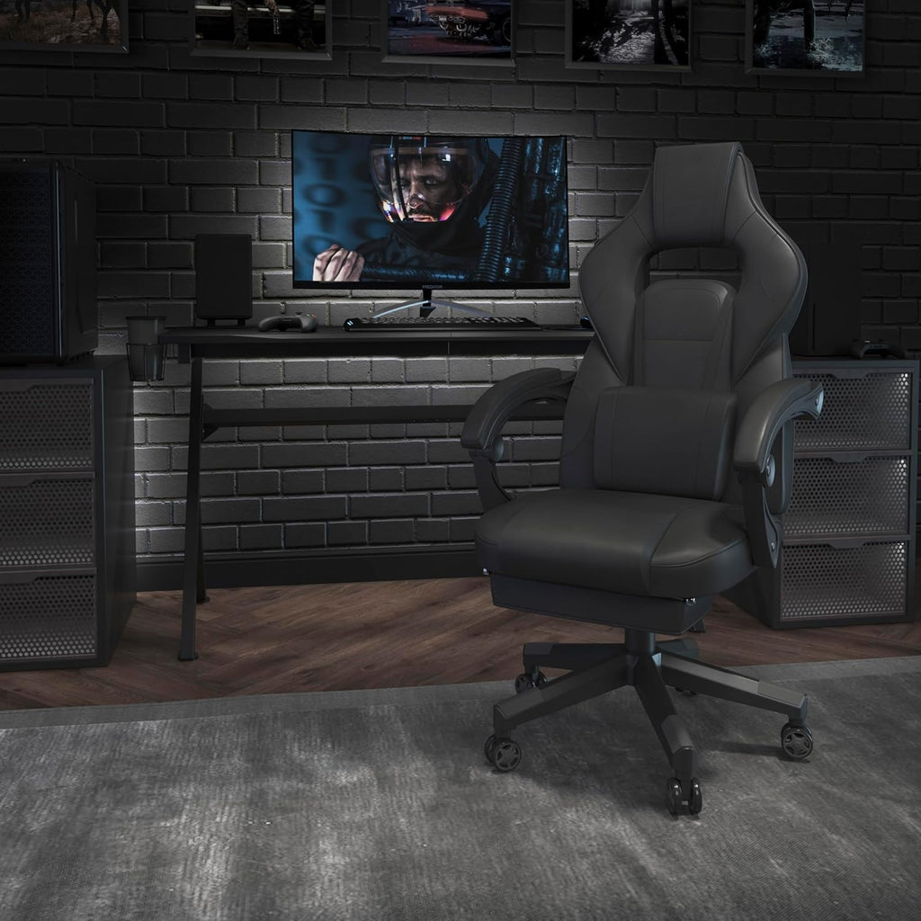 EMMA + OLIVER Black Ergonomic Gaming Chair -Recline Back/Arms, Footrest, Massaging Lumbar