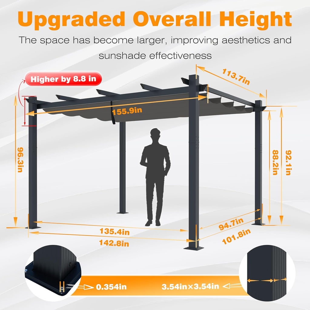 VEIKOU 13x10ft Pergola, Aluminum Pergola w/Thicker Post & Upgraded Retractable Canopy, Metal Gazebos Heavy-Duty Outdoor Shelter for Porch Yard, Gray