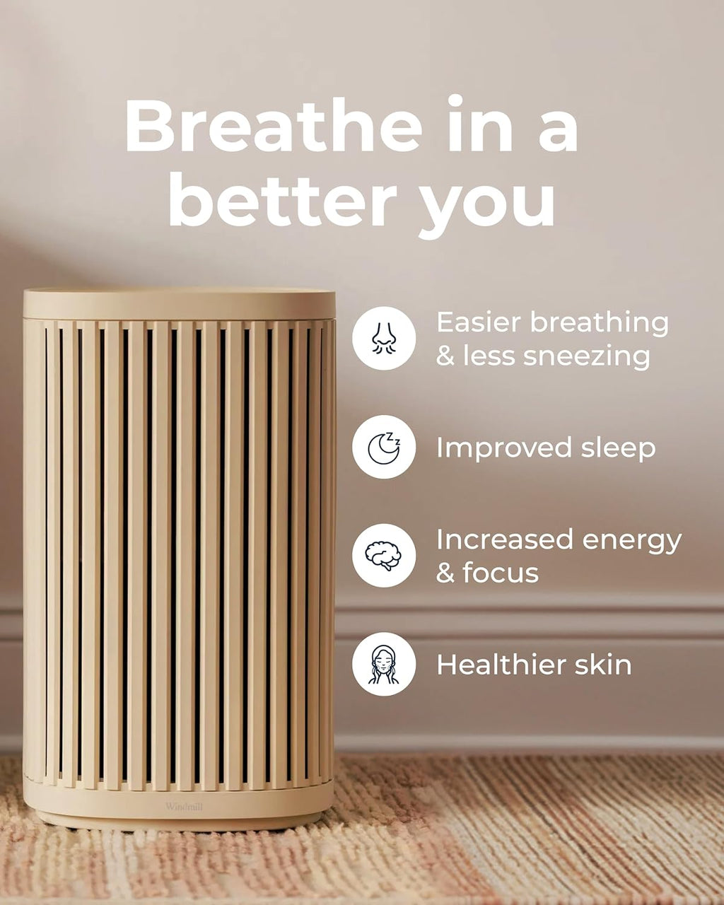 Windmill Air Purifier for Home - 3-In-1 Filtration for Dust, Smoke, & More - True HEPA Filter, Activated Carbon, & Pre-Filter - Ultra-Quiet - App Compatible - Covers Up To 975 sq ft - Coral