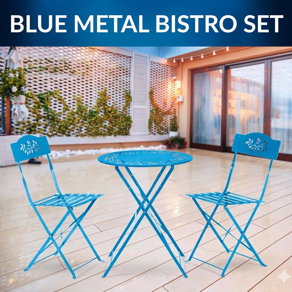 Alpine Corporation 3-Piece Bistro Set with Folding Table and 2 Chairs, Durable Steel Indoor/Outdoor Patio Furniture, Compact Seating, Blue