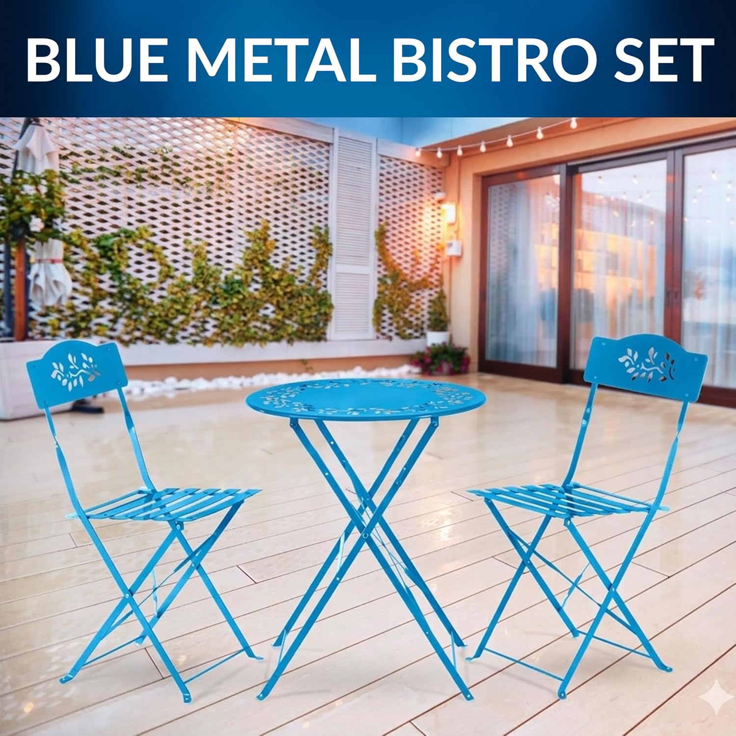 Alpine Corporation 3-Piece Bistro Set with Folding Table and 2 Chairs, Durable Steel Indoor/Outdoor Patio Furniture, Compact Seating, Blue