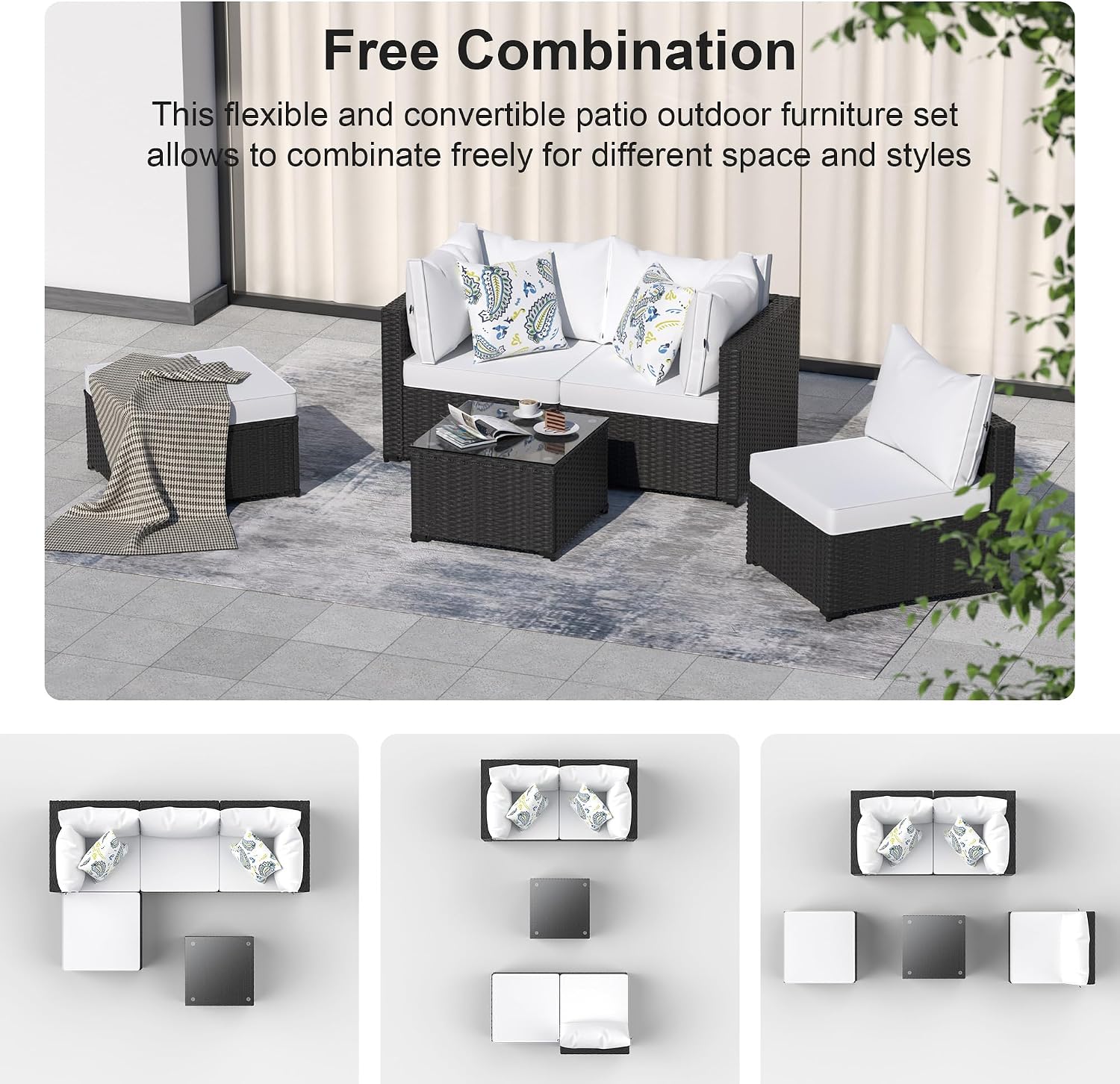 GOJOOASIS Patio Furniture Set Outdoor Sectional Sofa with Ottoman Wicker Couch Rattan Modular Seating Conversation Sets Porch Decor for Backyard, Balcony, Garden (White)