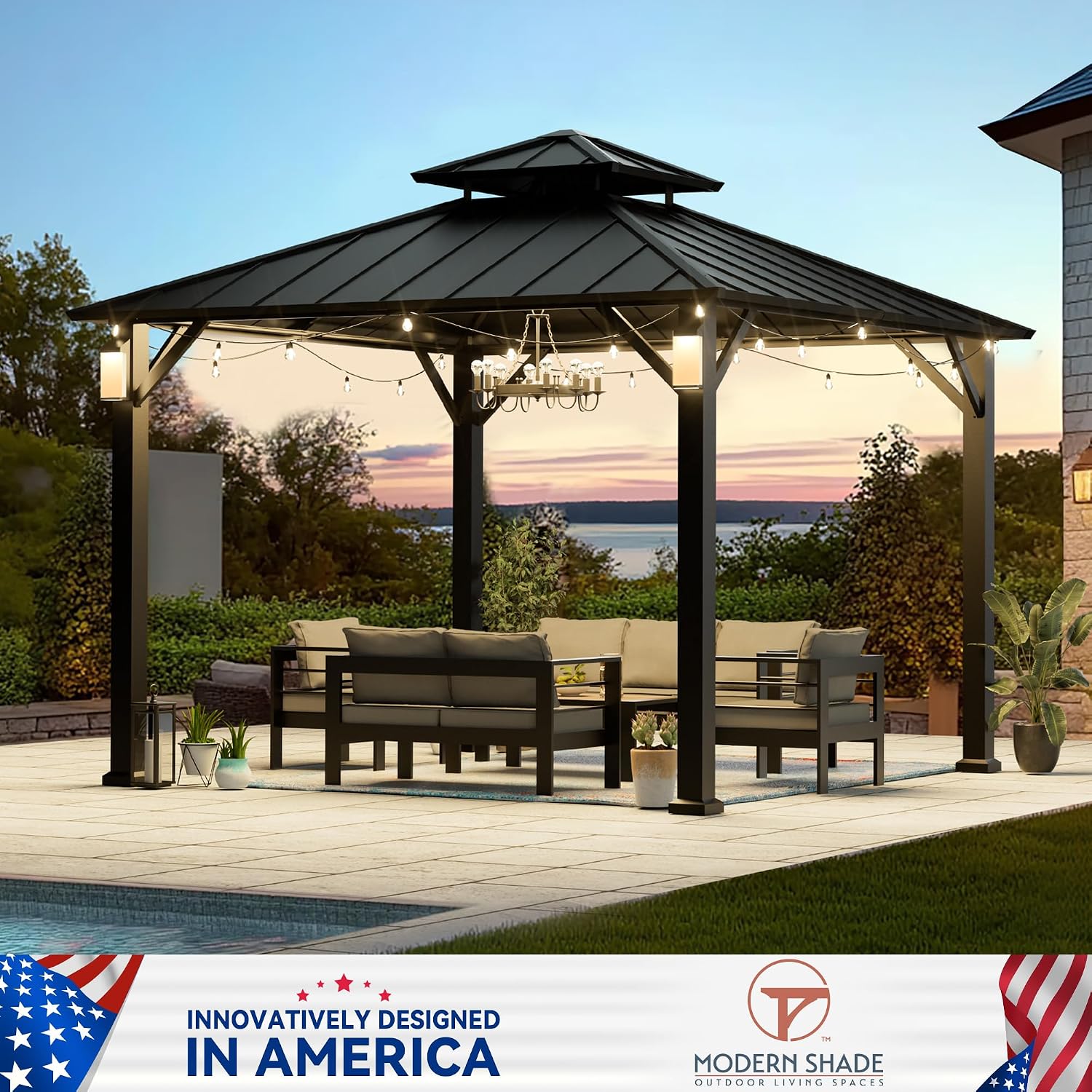 Modern Shade Hardtop Gazebo 10' x 10' with 4 LED Lights, Permanent Metal Gazebo with Galvanized Steel Double Roof & Frame, Hard Top Gazebo with Sturdy Hooks for Backyard, Deck, Garden, Lawn