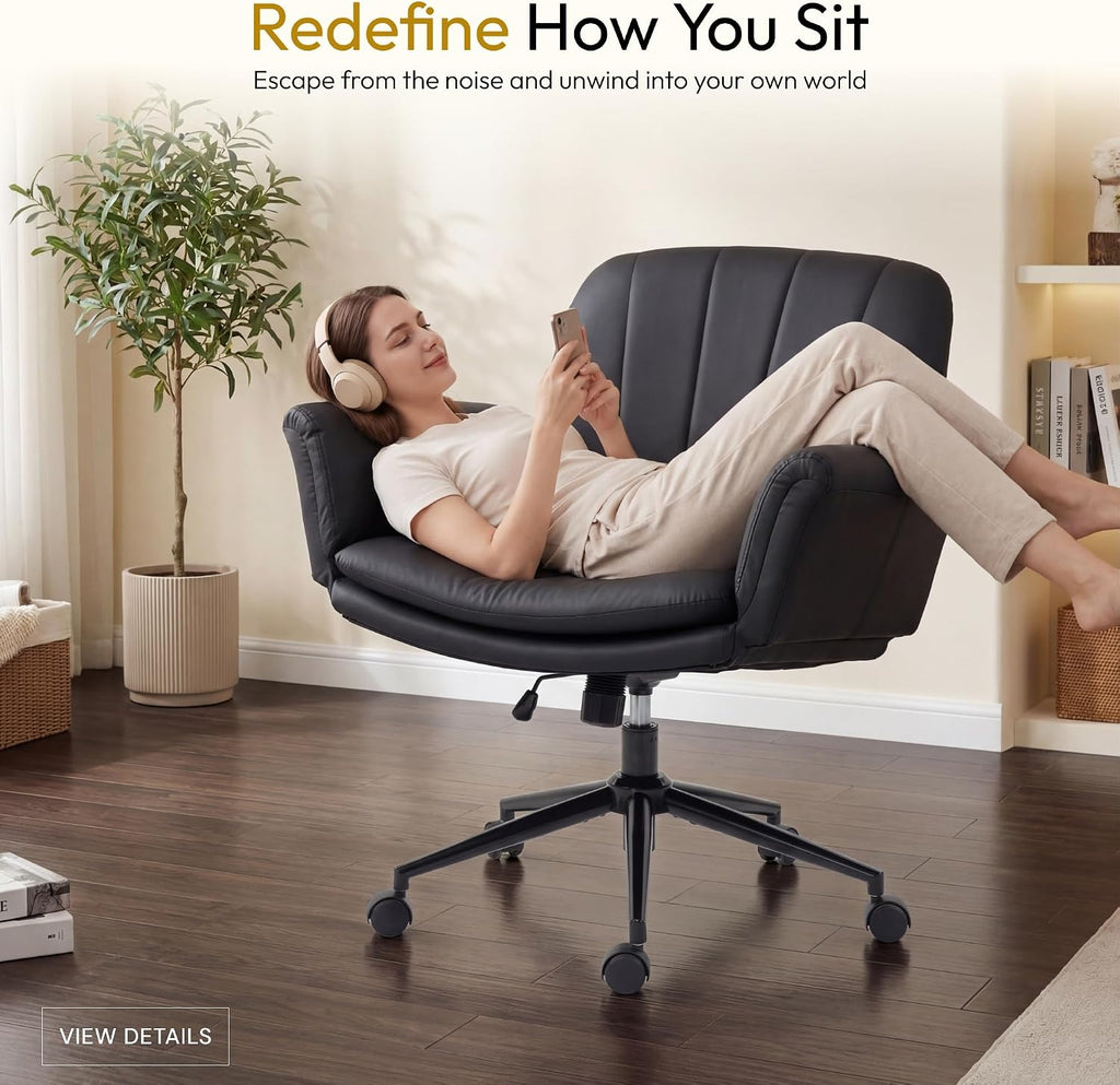Dowinx Criss Cross Chair with Five-Level Adjustable Arms and Wheels - Comfortable Ergonomic PU Leather Swivel Vanity Chair - Computer Makeup Gaming Chair for Home Office, Bedroom, Living Room (Black)