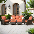 ovios 5-Pieces Patio Furniture Set, Outdoor Wicker Sofa Couch with Chairs Ottomans Comfy Cushions, High Back Modern All Weather Conversation Set, Brown Rattan, Orange Red