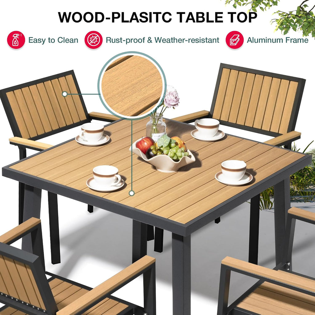 Pamapic 6-Piece Patio Dining Set，Outdoor Aluminum Furniture Set with Plastic-Wood Table Top,Outdoor Furniture Set with 4 Outdoor Stackable Chairs for Patio Garden Poolside (Teak)